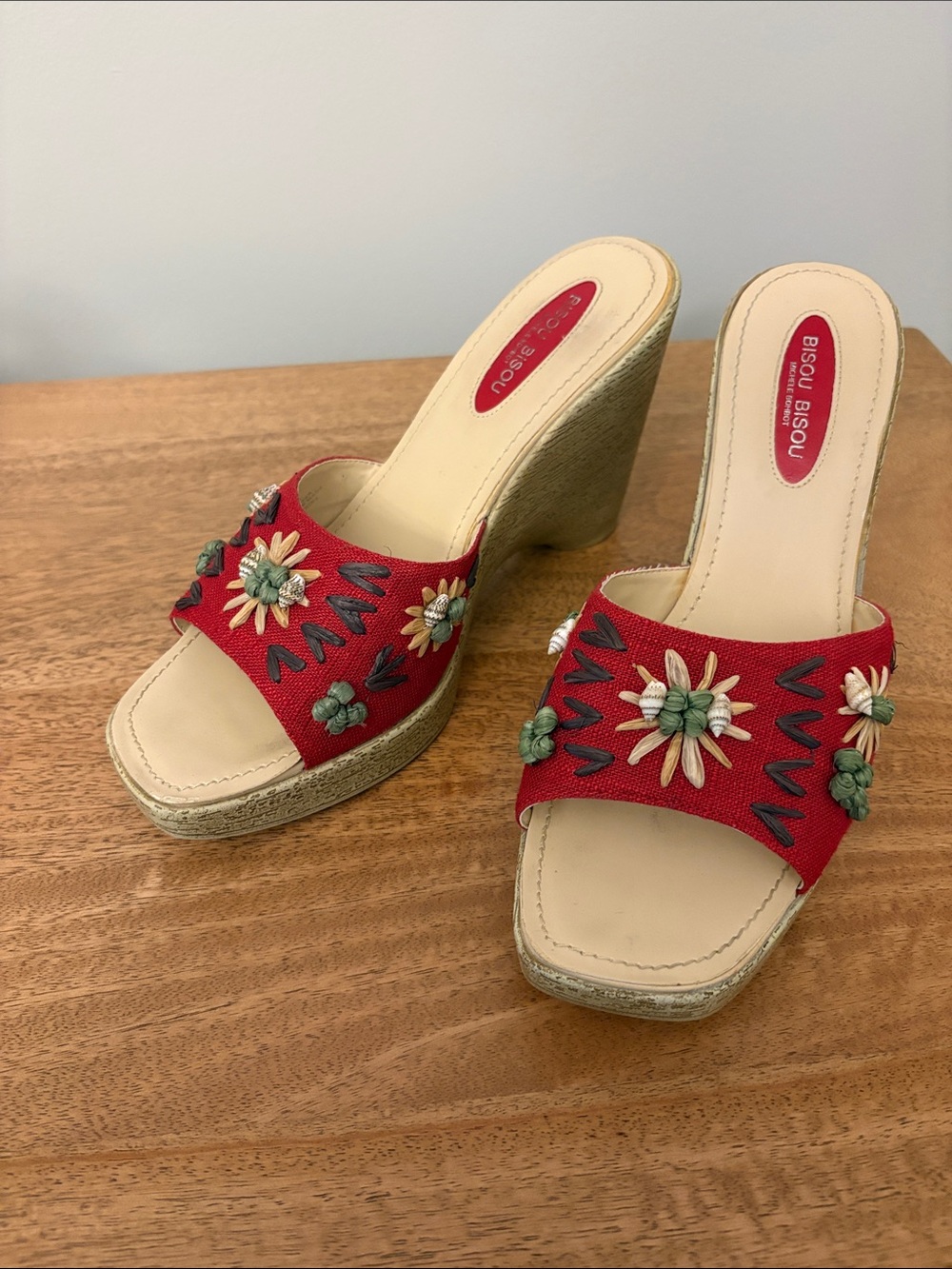 Bisou Bisou Red Floral Appliqué Wedge Mules
